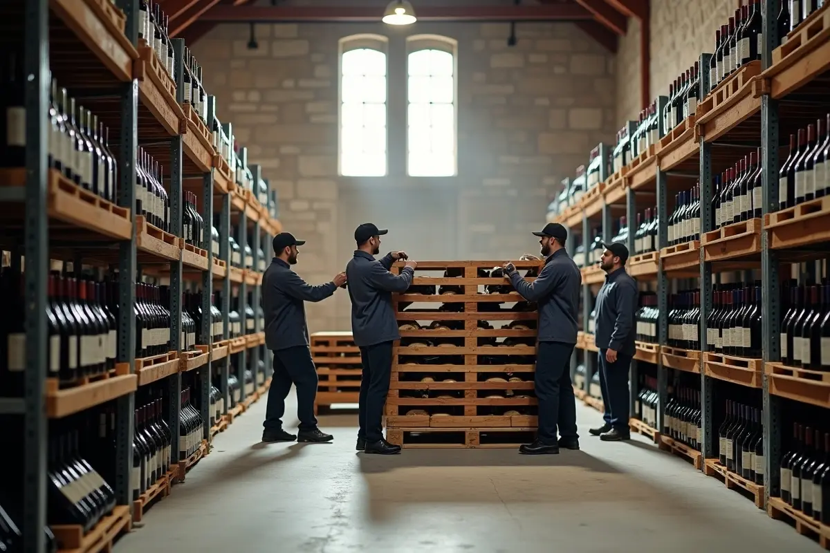 winery team storing bulk wine bottles to reduce costs