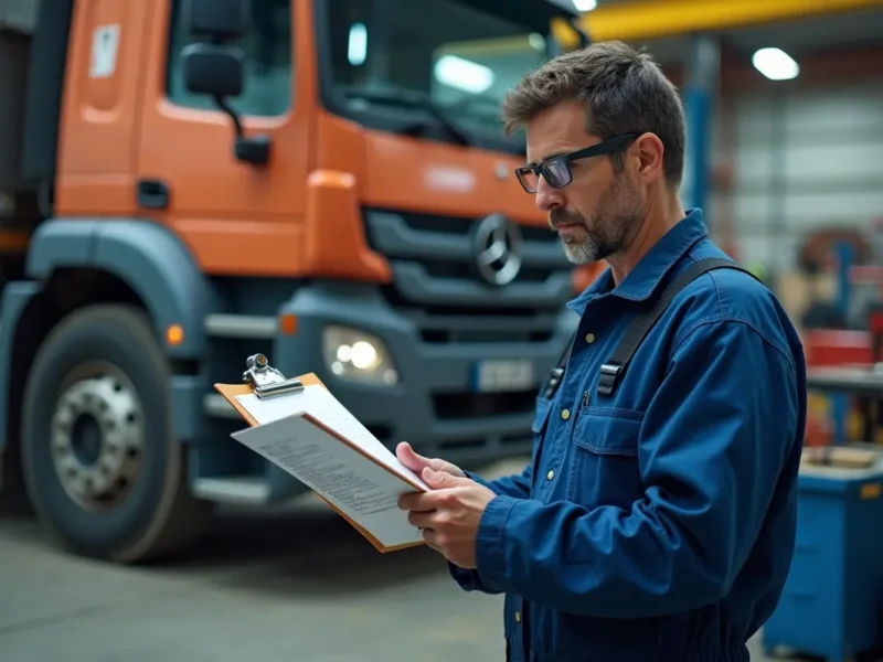 mechanic inspecting heavy vehicle maintenance schedule clipboard
