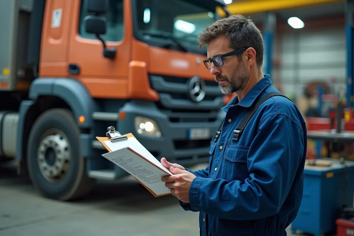 mechanic inspecting heavy vehicle maintenance schedule clipboard